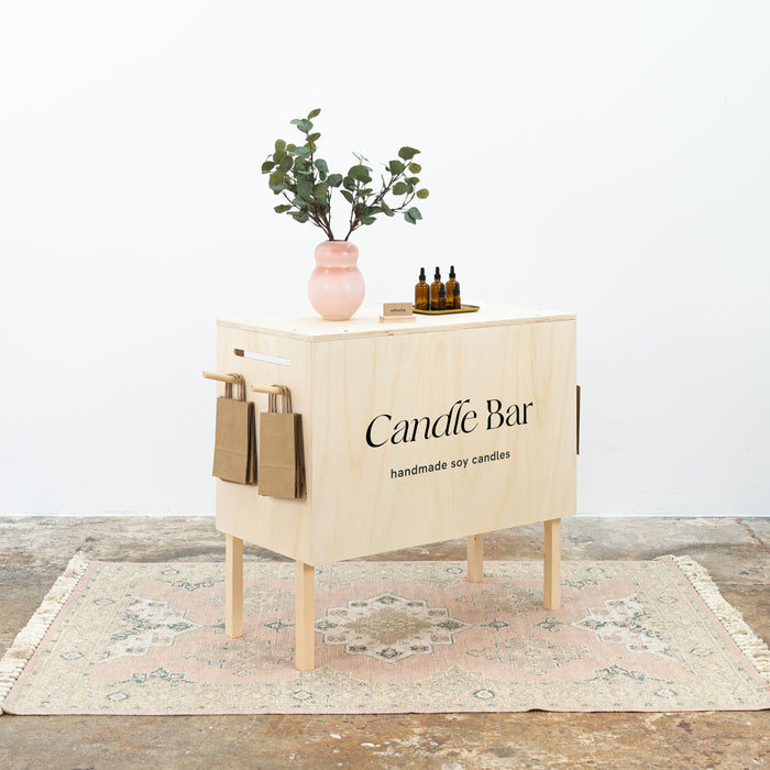 Natural wood checkout counter for pop-up shop