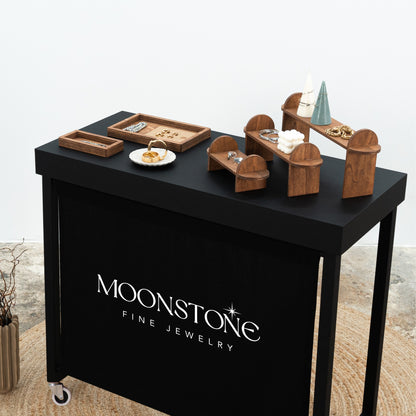 Table de vendeur VC-04-C-W-BL avec panneau de marque et roulettes, pliable, portable, pour salons et événements