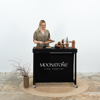 Table de vendeur VC-04-C-W-BL avec panneau de marque et roulettes, pliable, portable, pour salons et événements
