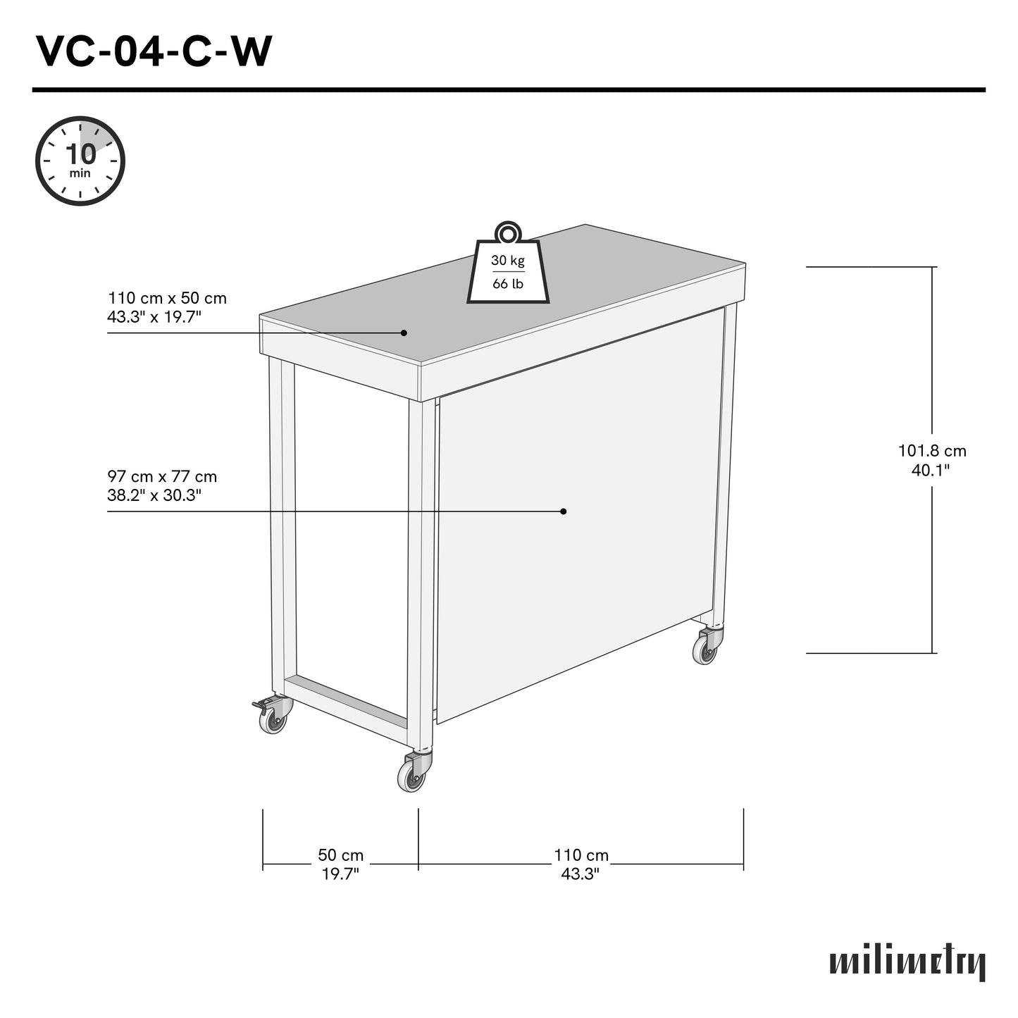 Table de vendeur VC-04-C-W-BL avec panneau de marque et roulettes, pliable, portable, pour salons et événements