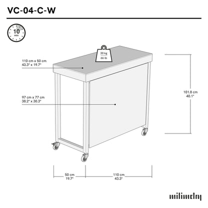 Table de vendeur VC-04-C-W-BL avec panneau de marque et roulettes, pliable, portable, pour salons et événements