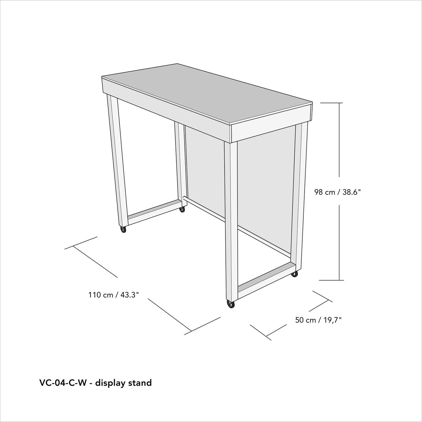 Vendor table VC-04-C-W-BL with branded panel and castor wheels, foldable, portable, for trade fairs and events