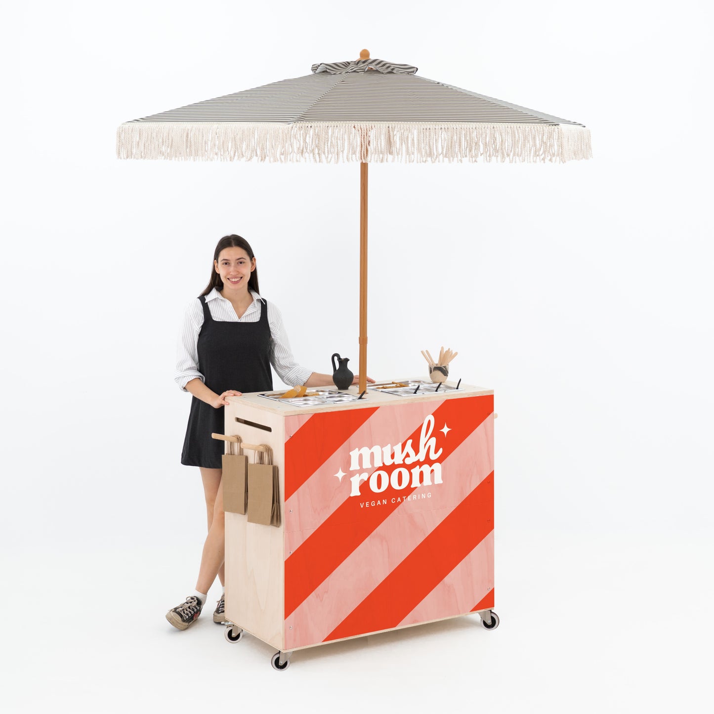 Chariot de restauration mobile avec parapluie VC-08-A-W-NT | couleur naturelle