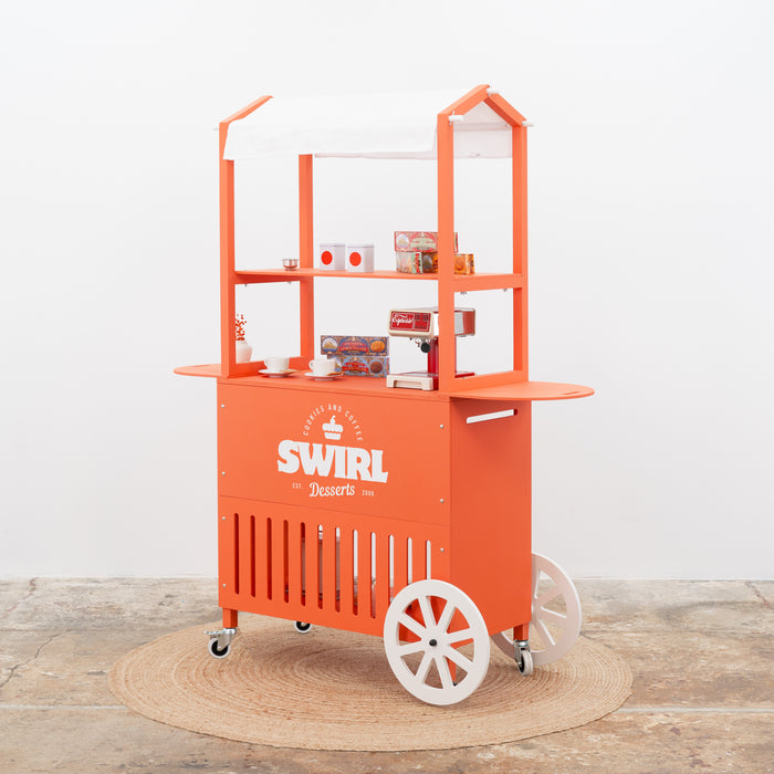 Orange cart with white wheels and canopy – branded SWIRL display setup