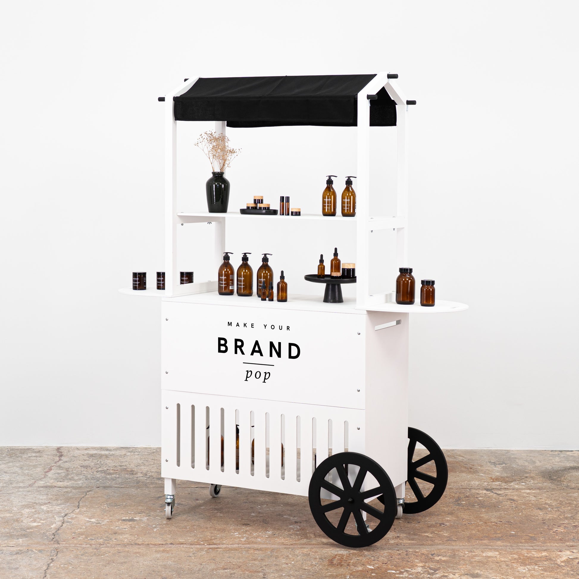 Branded white mobile display cart, offering versatility for product presentation and brand visibility at any event.