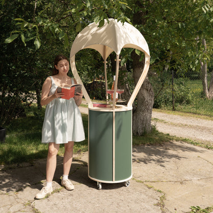 Portable wooden cart with storage shelves and custom colors