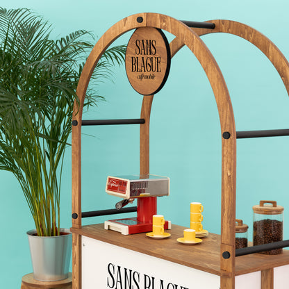 Collapsible bistro trolley serving drinks and snacks at trade show