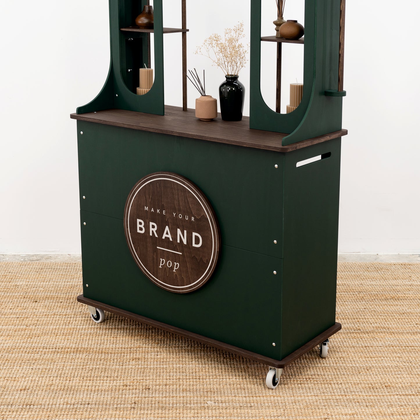 compact event booth display with top arch and curved front

