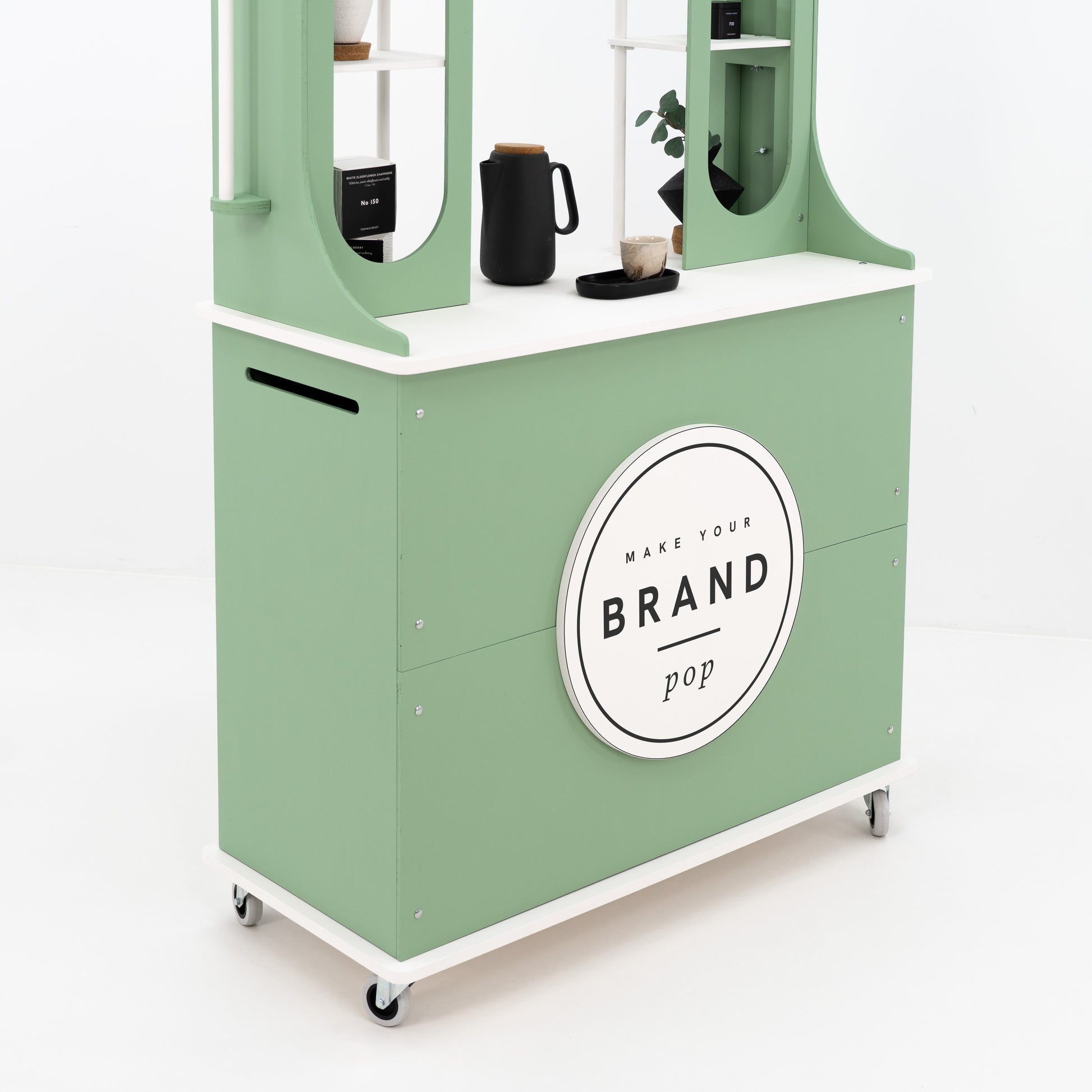 modular marketing cart with open shelving and storage options