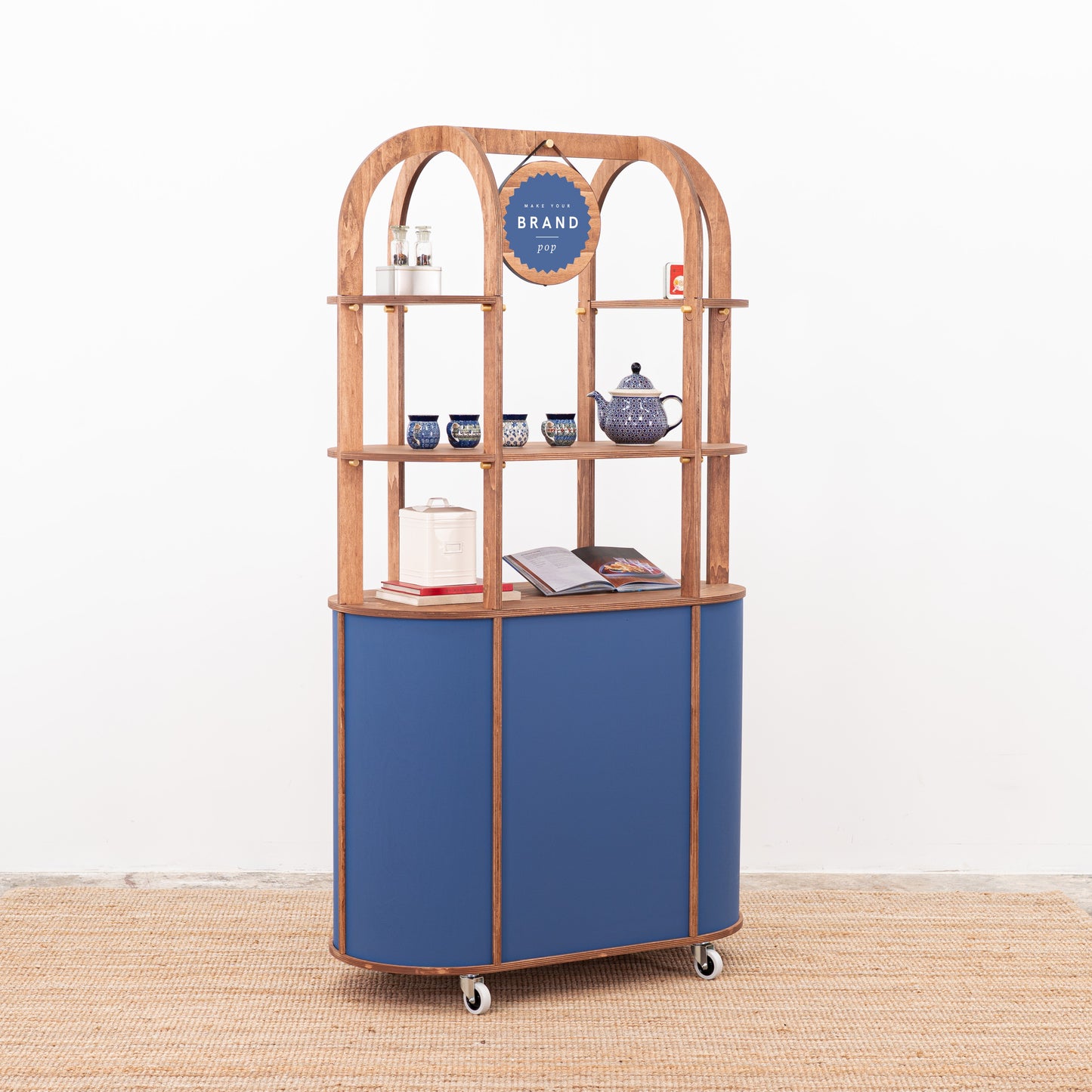 compact mobile retail cart with logo