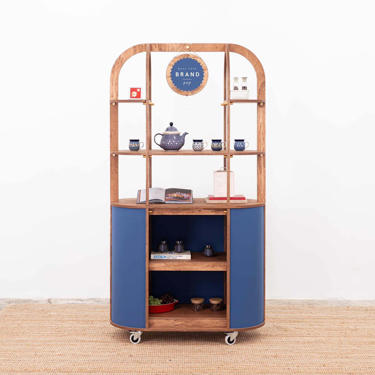 portable oval cart with shelving for events
