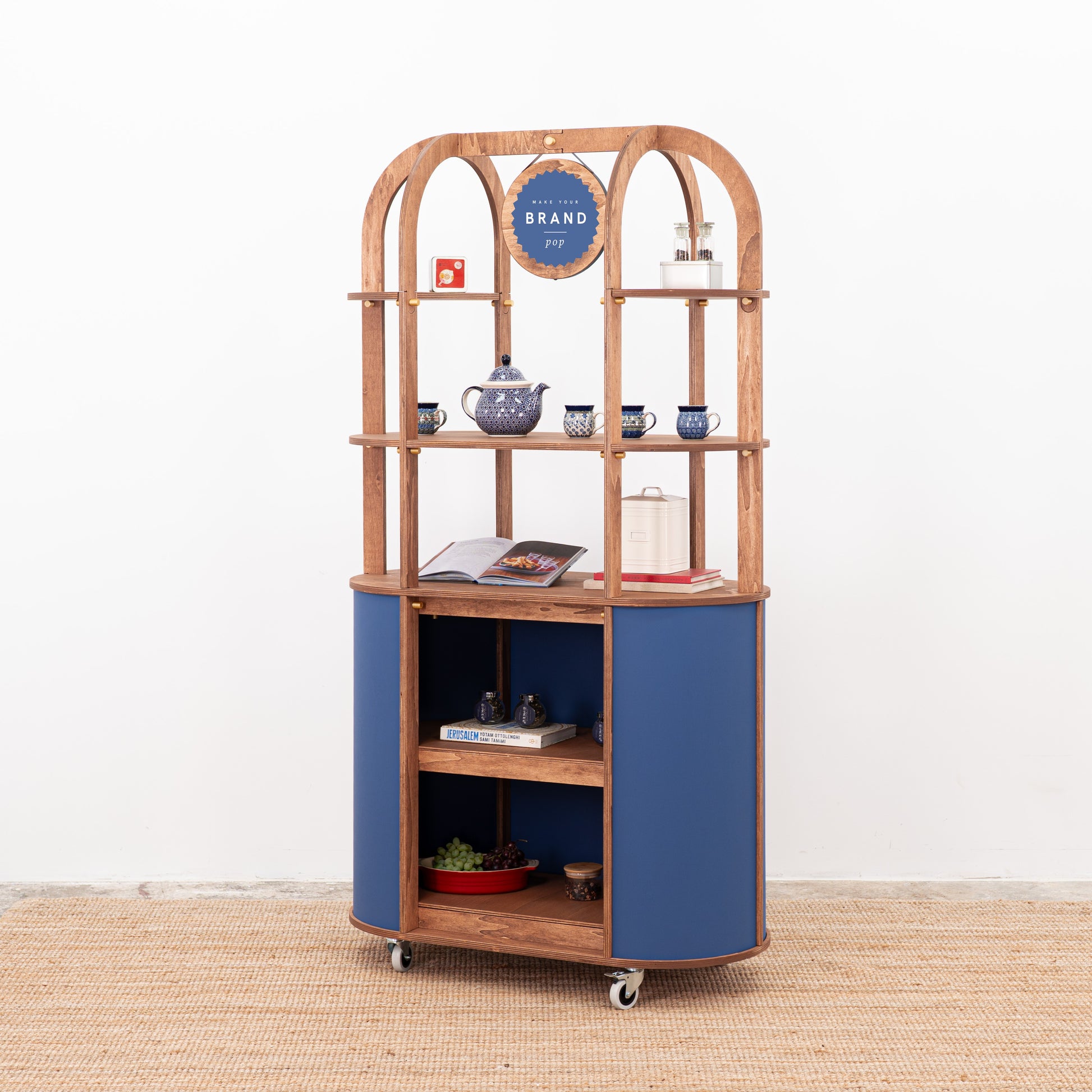 blue event cart with customizable front panel