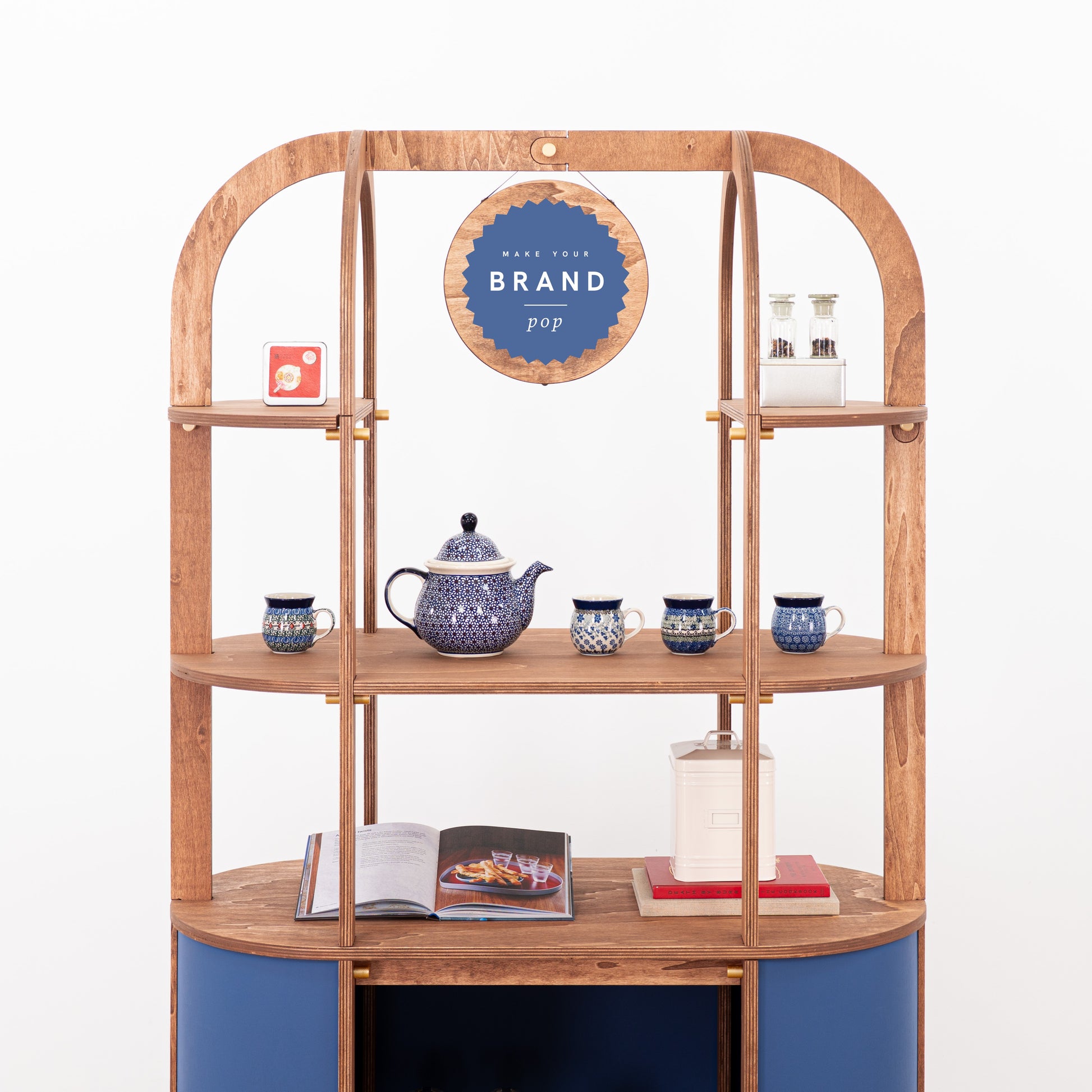 blue wooden cart for pop-up shops