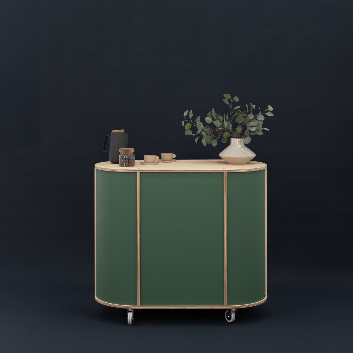 VC-23-W-ML mobile counter with spacious countertop and hidden storage compartments.