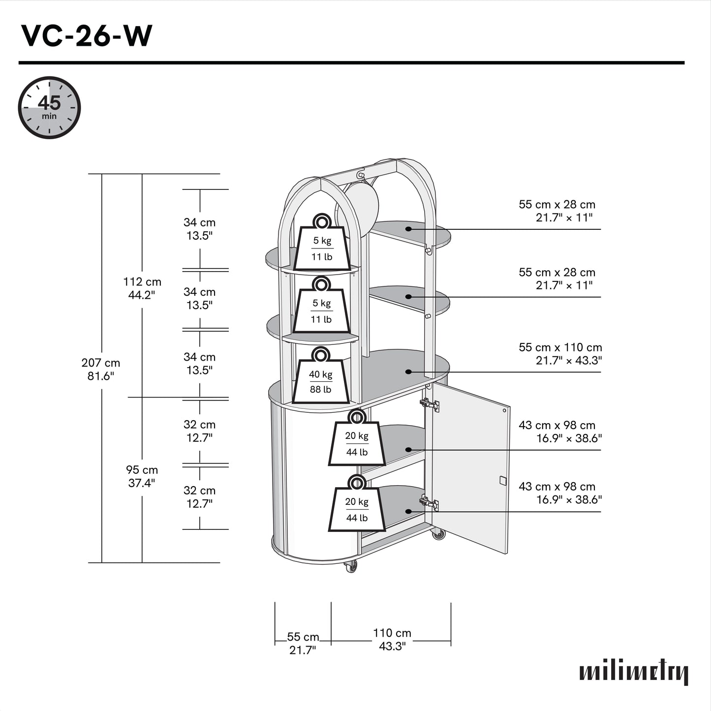 Chariot ovale compact VC-26-W-ML | couleur personnalisée