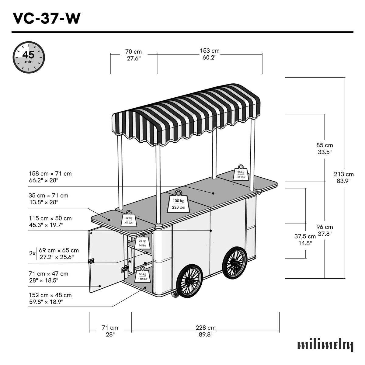 Carrito grande para eventos con toldo VC-37-W-ML | color personalizado