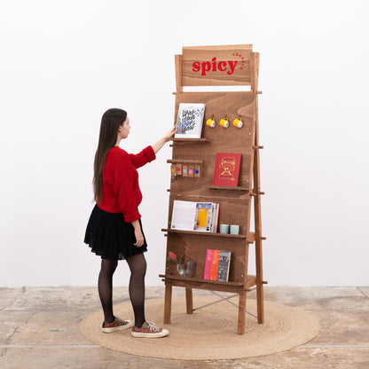 VP-01-CF coffee pegboard stand with customizable hooks and shelves for showcasing products in retail spaces and events.