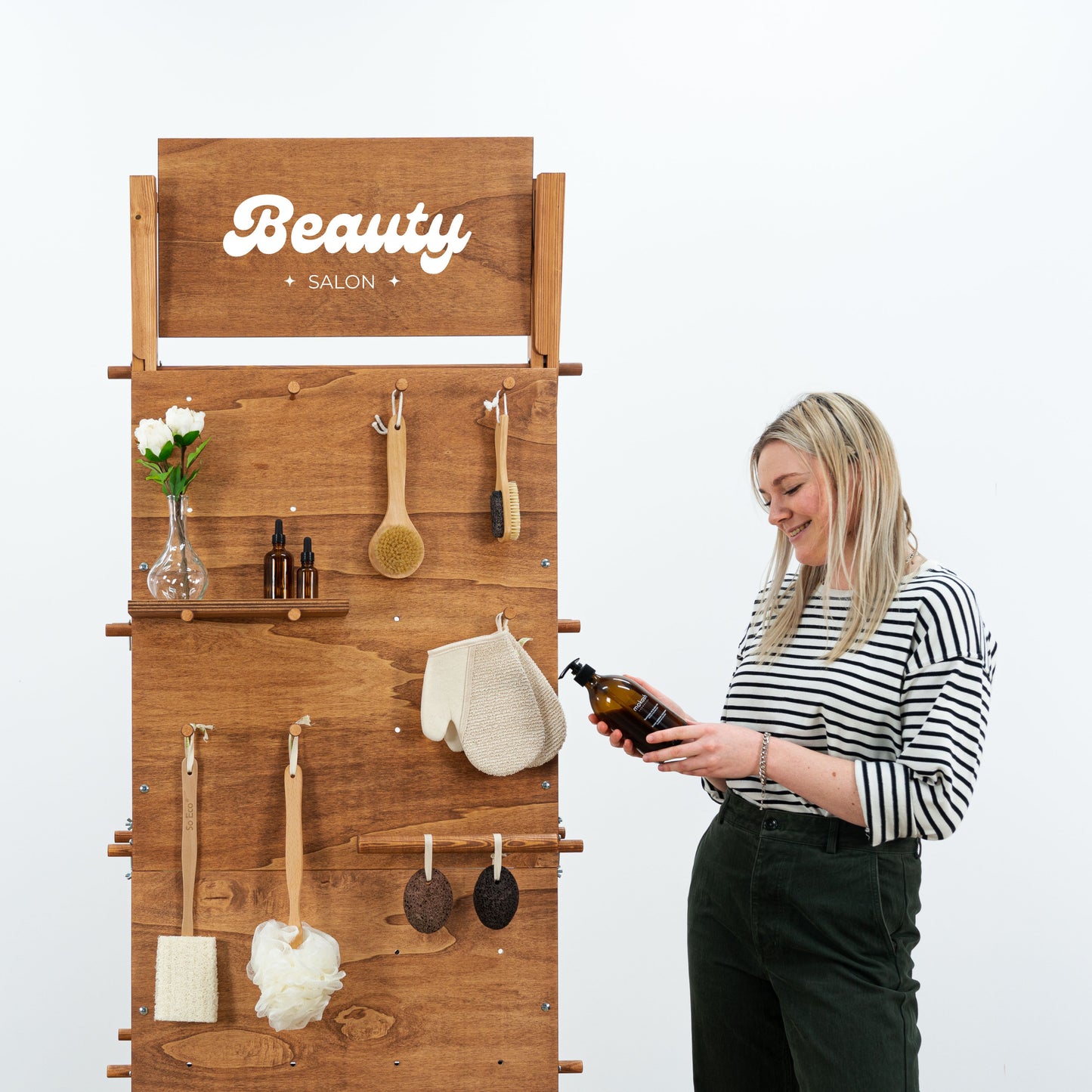 Portable pegboard unit with storage shelves VP-01-CF for jewelry, beauty products, homeware| pop up store