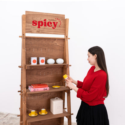Dual-sided VP-01-CF coffee pegboard stand, with back storage shelves and customizable branding panel for events and trade shows.