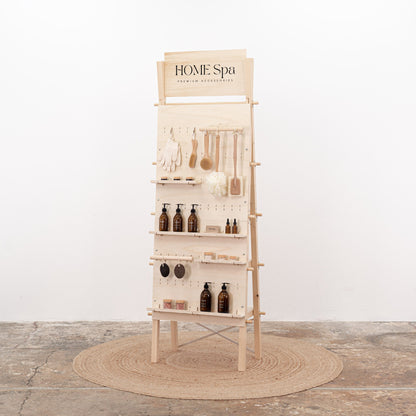 Stylish and functional VP-01-NT pegboard stand in natural finish with shelving and customizable branding options.