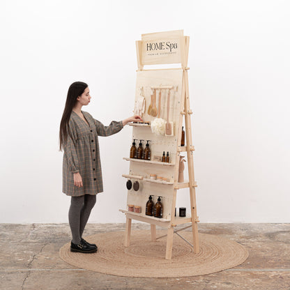 Natural finish VP-01-NT pegboard stand, ideal for displaying beauty, lifestyle, and handmade products at trade shows and pop-up events.