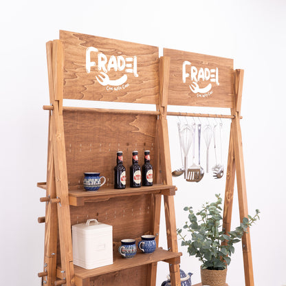 Natural wood retail setup featuring hanging bar and modular pegboard
