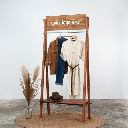 Portable wooden garment rack VR-02-CF with custom logo board  | pop up store