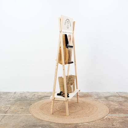 Raw wood clothing stand with shelf and interchangeable rods