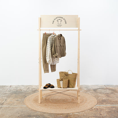 Portable natural wood display stand for garments and folded items