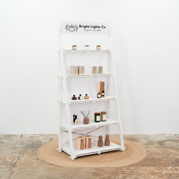Minimalist white portable shelving unit for exhibitions and craft fairs