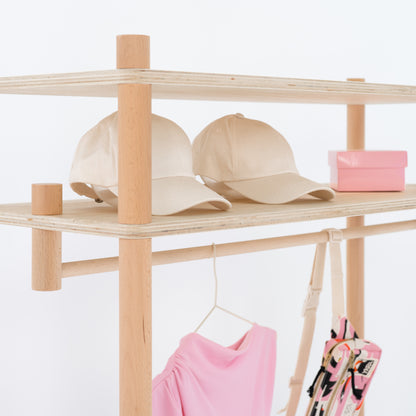 Detail of wooden construction and top shelf