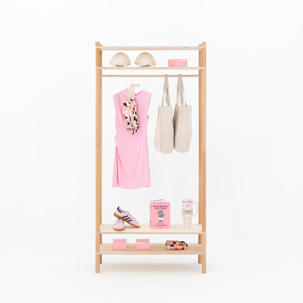 Portant à vêtements en bois naturel avec panneau en coton