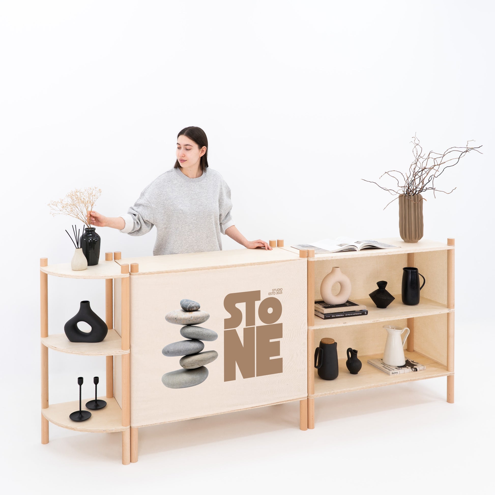 Minimal modular display set with corner shelf and dual counters