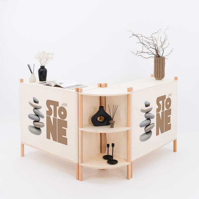 Modular booth setup with two checkout counters and a corner shelf