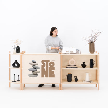 Minimalist booth layout with portable furniture