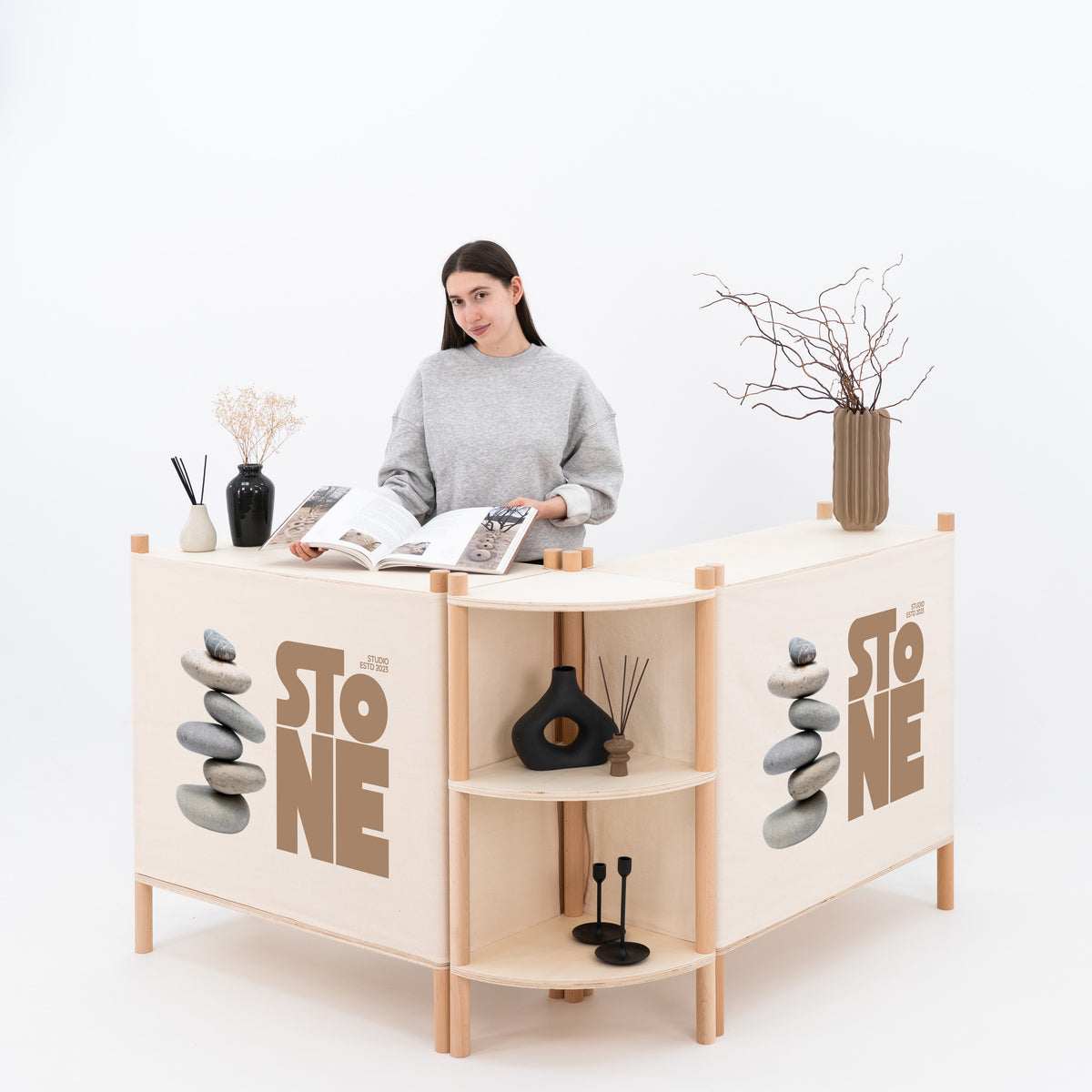 Corner retail display set with counters and canvas panels