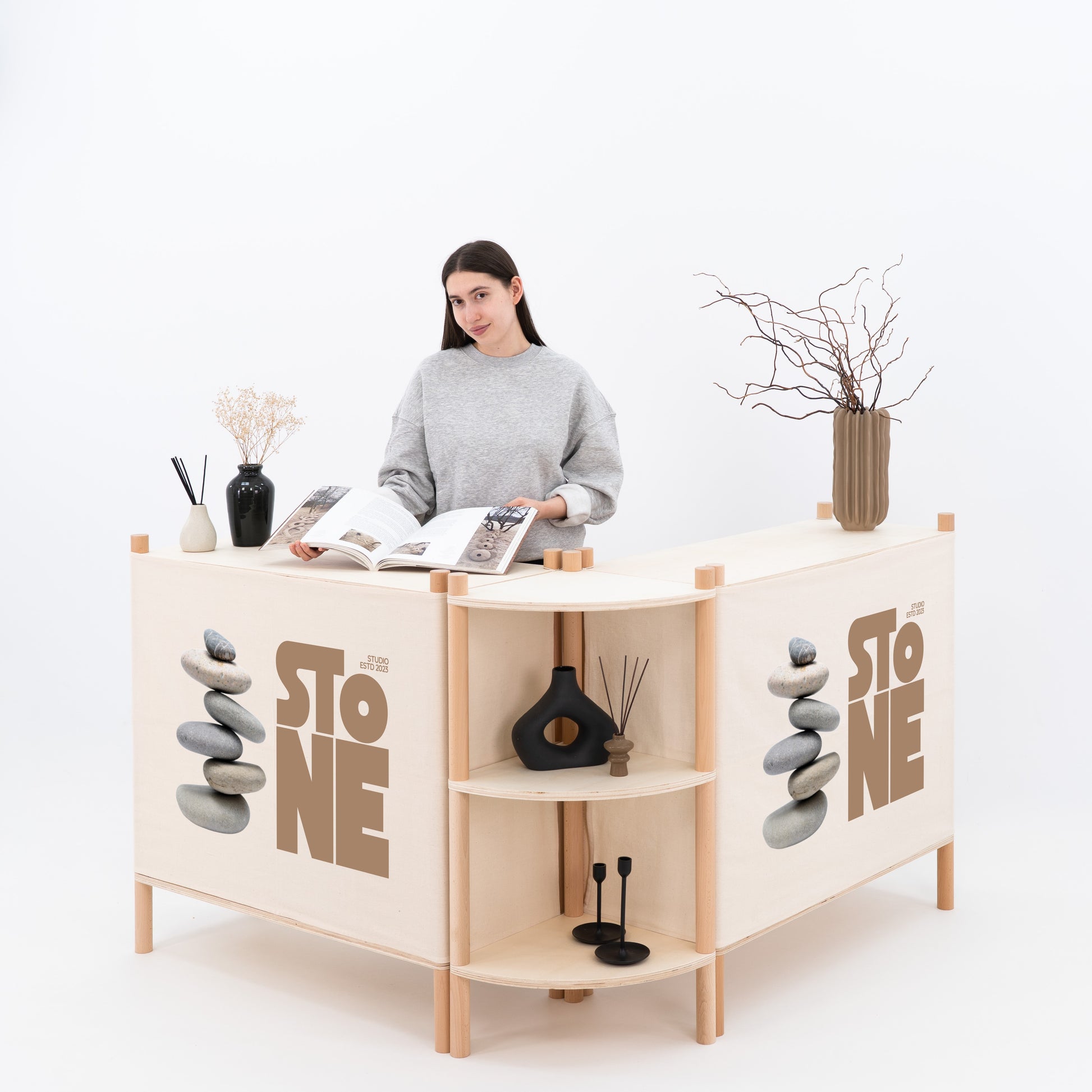 Corner retail display set with counters and canvas panels