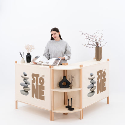 Corner retail display set with counters and canvas panels