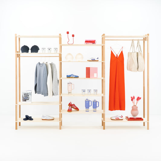 Triple modular shelving unit in natural wood finish