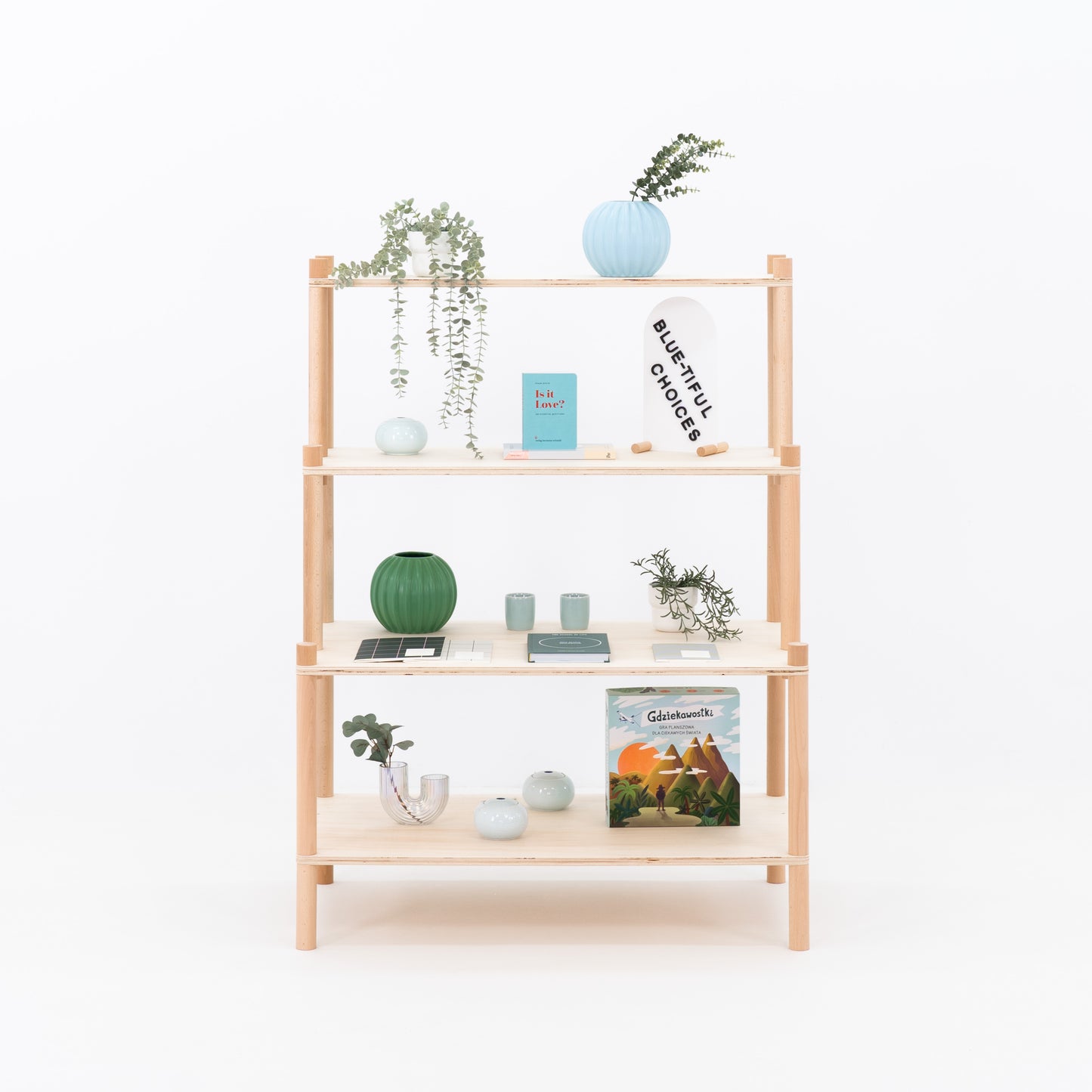 Three-tier bamboo display stand styled with minimal ceramics