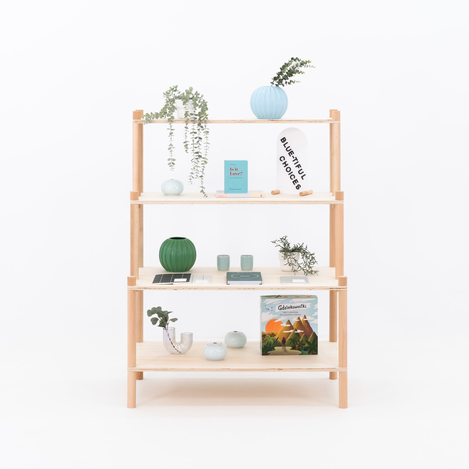 Three-tier bamboo display stand styled with minimal ceramics