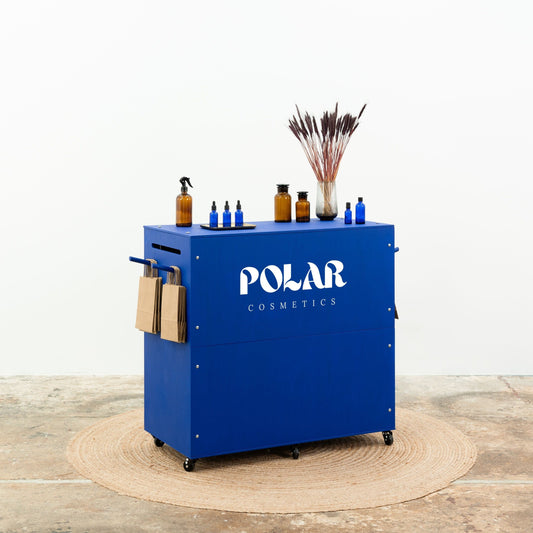 Custom color checkout counter front view with logo decal
