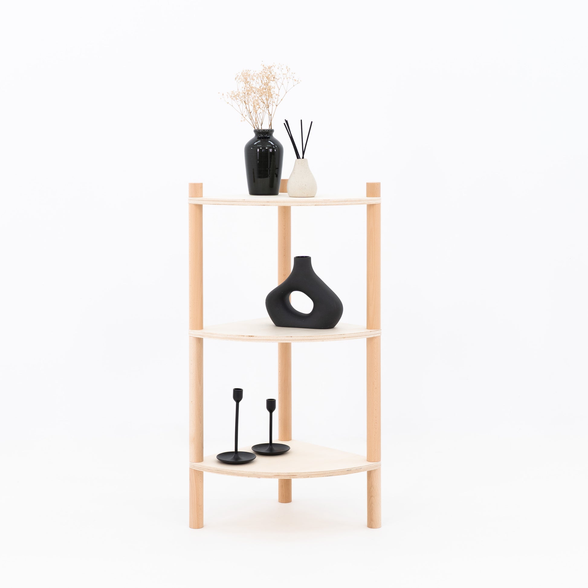 Triangular corner shelf for retail booths – natural wood