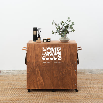 Customizable retail checkout counter with personalized decal graphics.