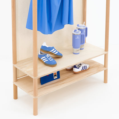 Natural wood clothing stand with branding-ready cotton panel