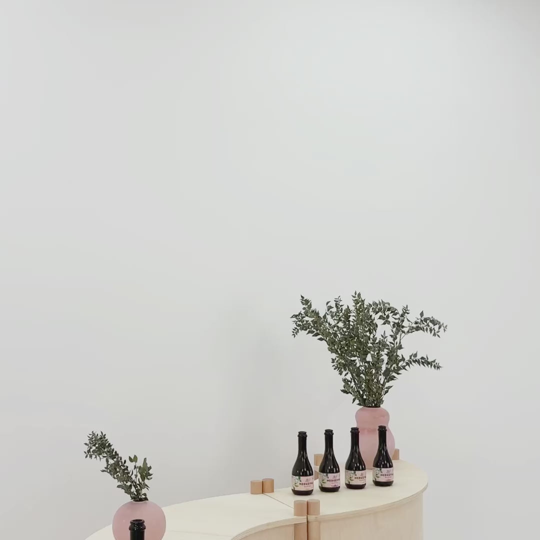 overview video of three-piece wave-shaped bambuk checkout counter set for retail and events

