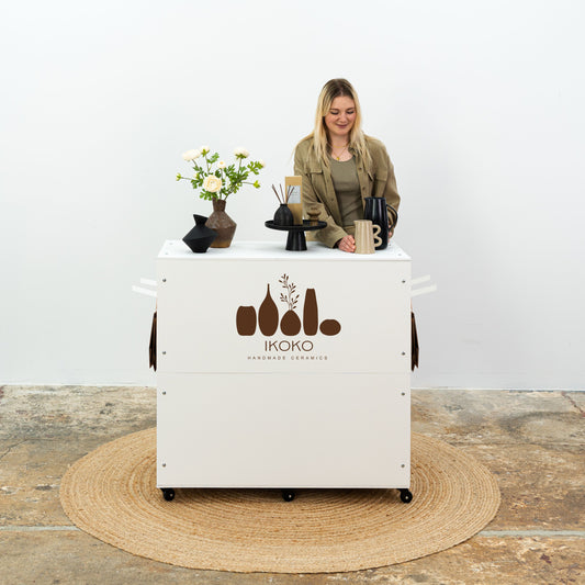 Front view of white modular checkout counter VC-08-W