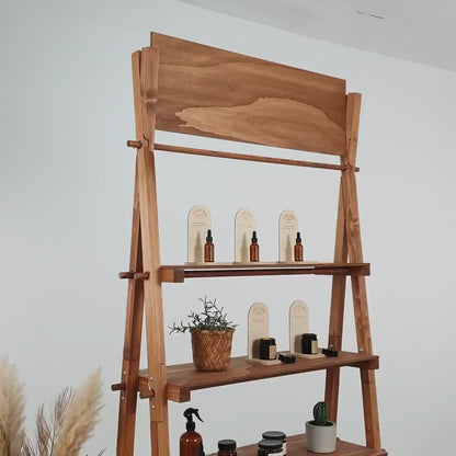engraved logo and description on wooden display stand for shops

