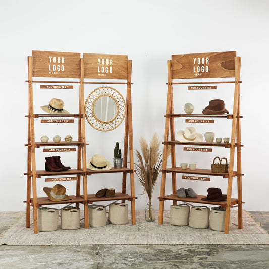 coffee wood double shelving unit with customizable top panels