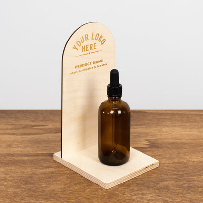 personalized wooden product display stand with engraved logo


